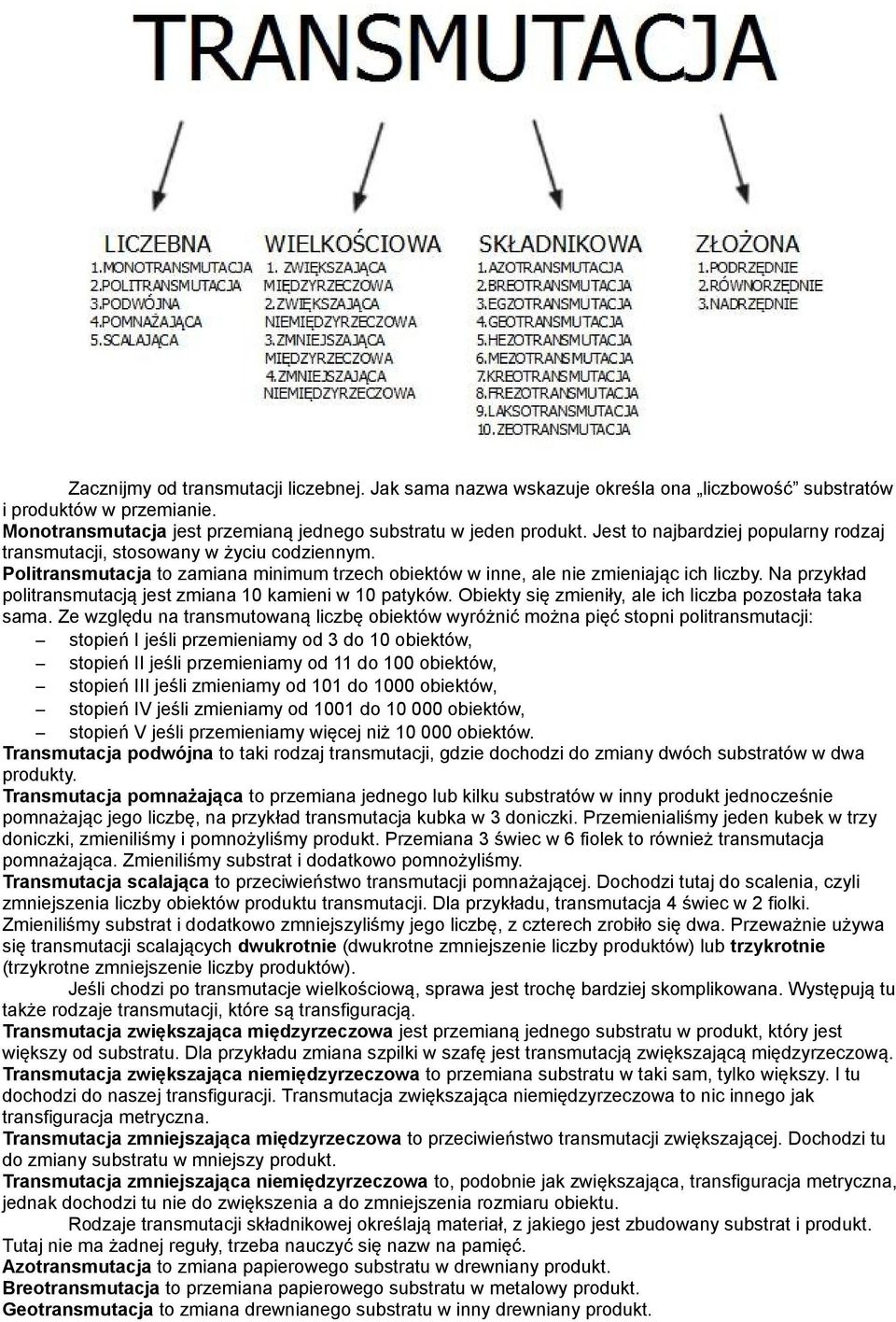 Na przykład politransmutacją jest zmiana 10 kamieni w 10 patyków. Obiekty się zmieniły, ale ich liczba pozostała taka sama.