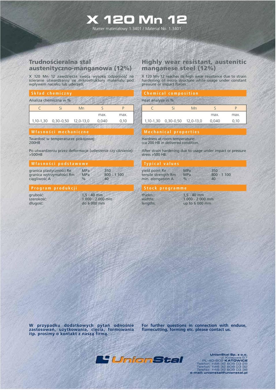 max. 1,10-1,30 0,30-0,50 12,0-13,0 0,040 0,10 200HB Po utwardzeniu przez deformacje (uderzenie czy ciśnienie): >500HB granica plastyczności Re MPa 350 granica wytrzymałości Rm MPa 800-1 100