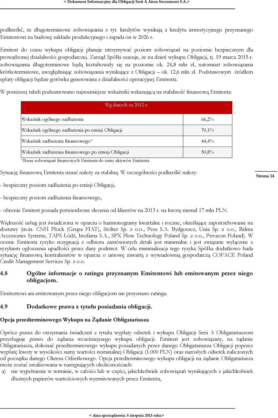 19 marca 2015 r. zobowiązania długoterminowe będą kształtowały się na poziomie ok. 24,8 mln zł, natomiast zobowiązania krótkoterminowe, uwzględniając zobowiązania wynikające z Obligacji ok.