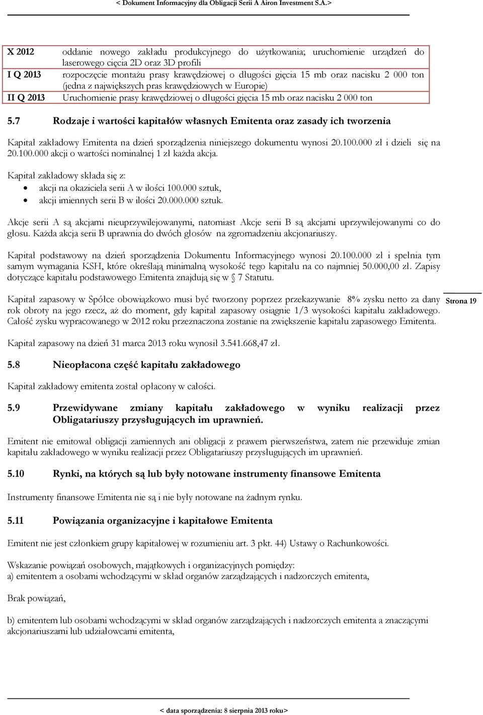 7 Rodzaje i wartości kapitałów własnych Emitenta oraz zasady ich tworzenia Kapitał zakładowy Emitenta na dzień sporządzenia niniejszego dokumentu wynosi 20.100.