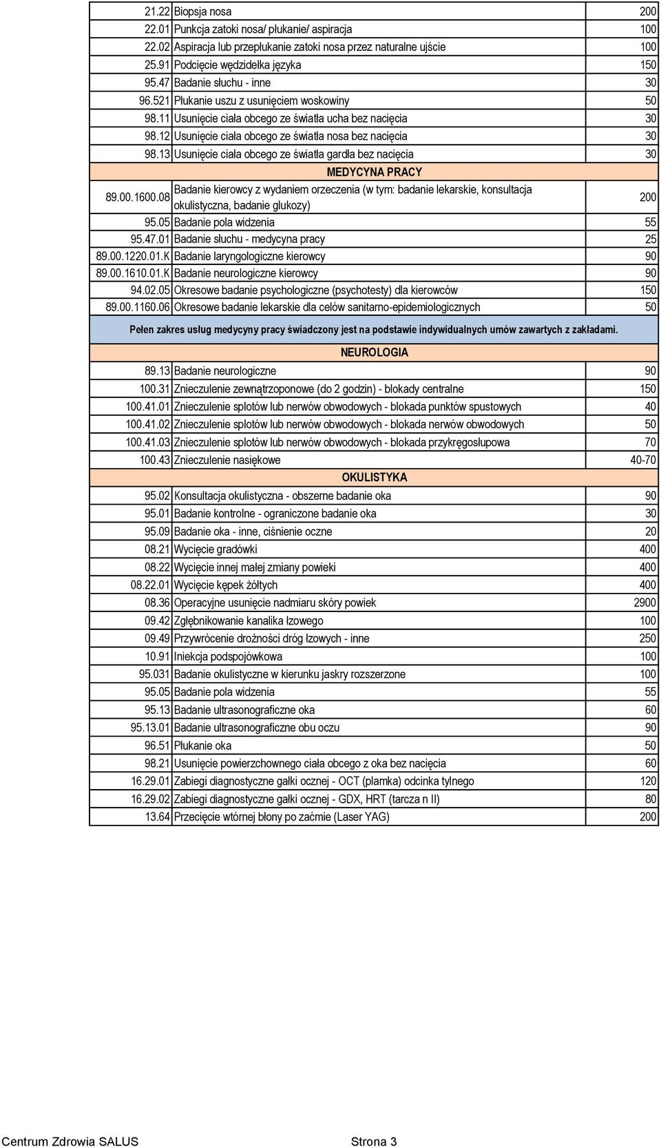 13 Usunięcie ciała obcego ze światła gardła bez nacięcia 30 MEDYCYNA PRACY Badanie kierowcy z wydaniem orzeczenia (w tym: badanie lekarskie, konsultacja 89.00.1600.