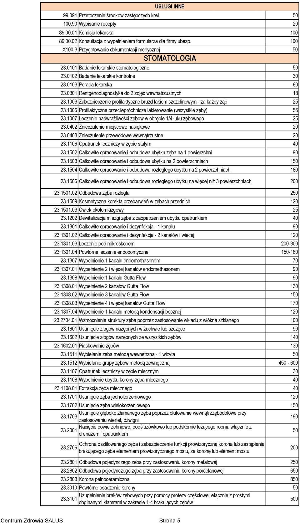 0301 Rentgenodiagnostyka do 2 zdjęć wewnątrzustnych 18 23.1003 Zabezpieczenie profilaktyczne bruzd lakiem szczelinowym - za każdy ząb 25 23.