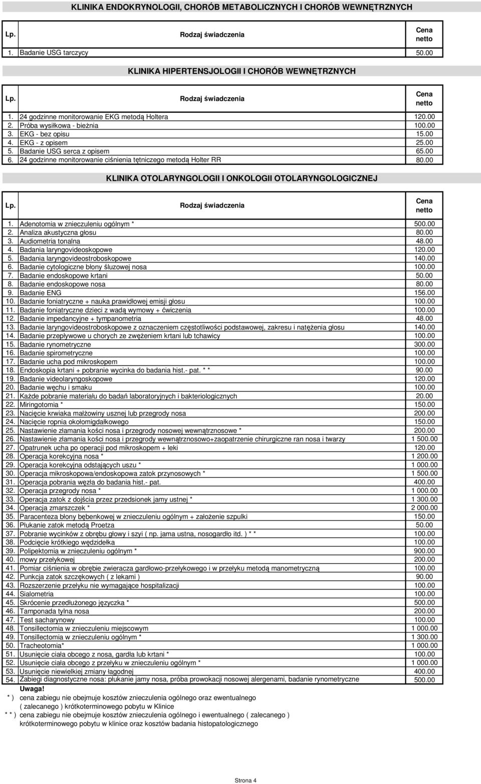 00 KLINIKA OTOLARYNGOLOGII I ONKOLOGII OTOLARYNGOLOGICZNEJ 1. Adenotomia w znieczuleniu ogólnym * 500.00 2. Analiza akustyczna głosu 80.00 3. Audiometria tonalna 48.00 4.