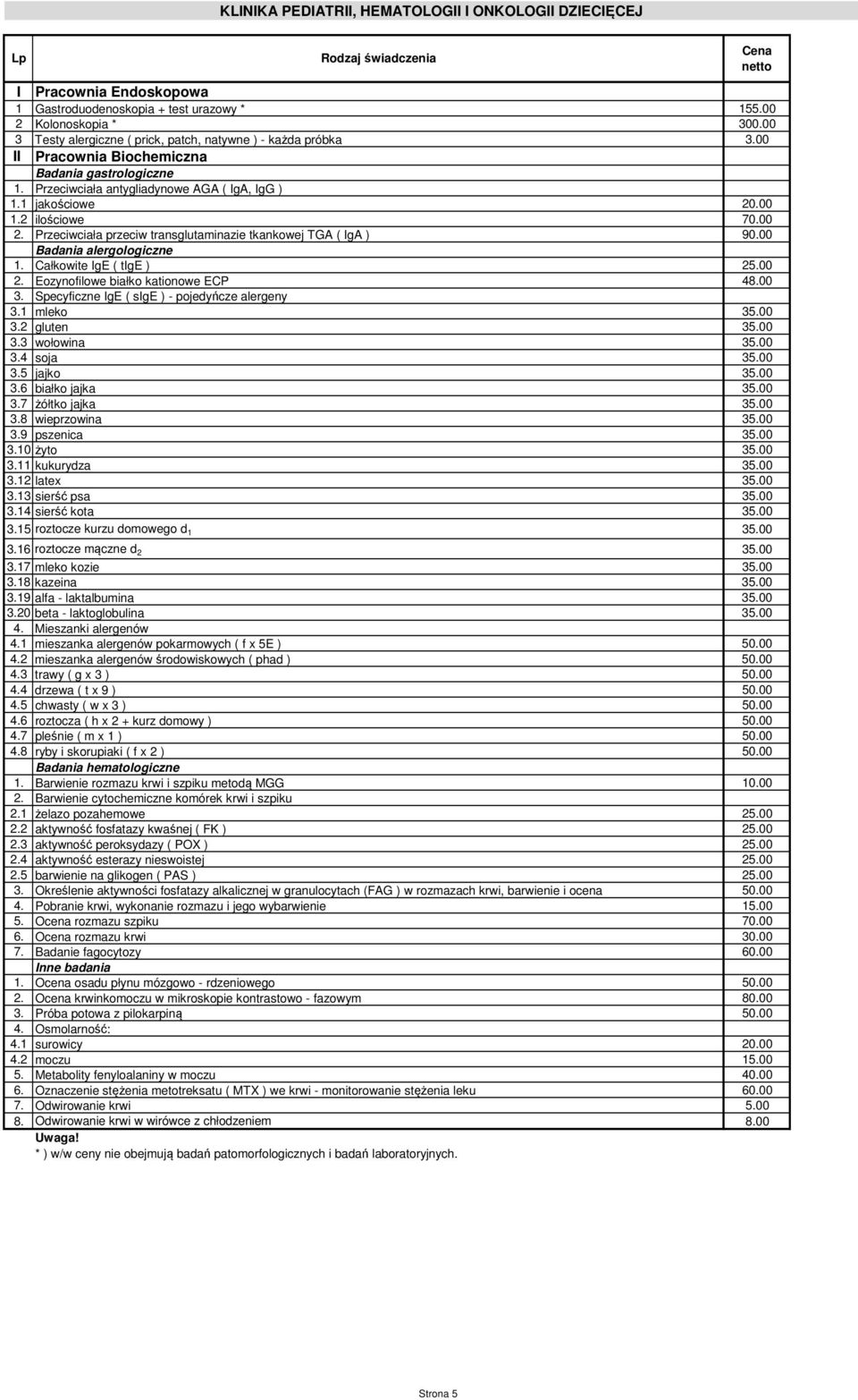 2 ilościowe 70.00 2. Przeciwciała przeciw transglutaminazie tkankowej TGA ( IgA ) 90.00 Badania alergologiczne 1. Całkowite IgE ( tige ) 25.00 2. Eozynofilowe białko kationowe ECP 48.00 3.