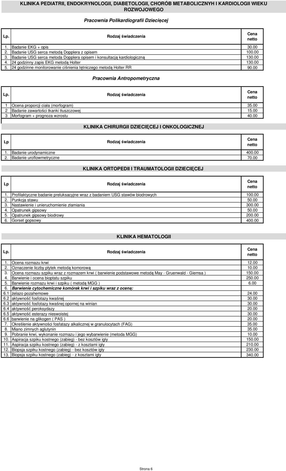 24 godzinne monitorowanie ciśnienia tętniczego metodą Holter RR 90.00 Pracownia Antropometryczna 1 Ocena proporcji ciała (morfogram) 35.00 2 Badanie zawartości tkanki tłuszczowej 15.