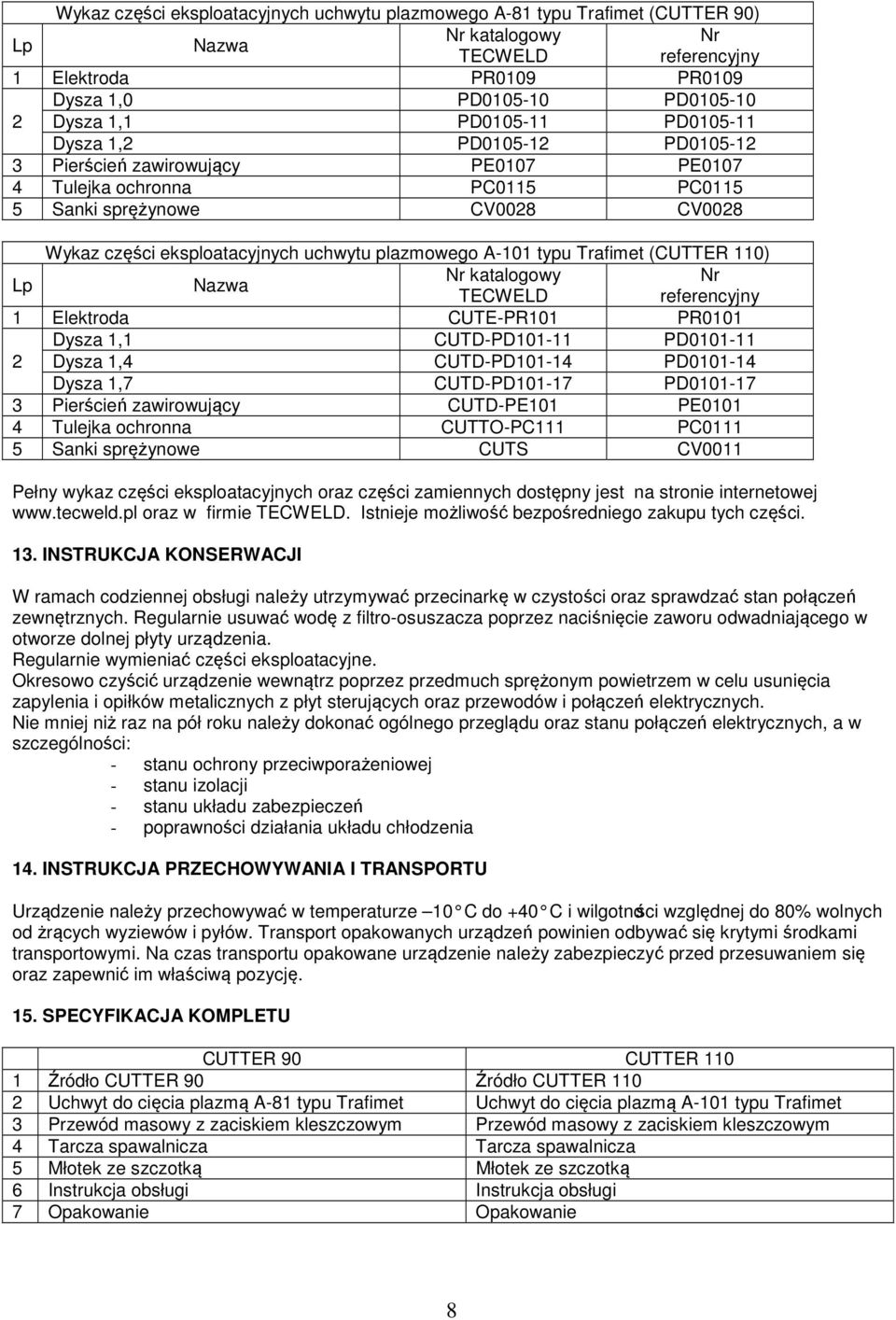 plazmowego A-101 typu Trafimet (CUTTER 110) Lp Nazwa Nr katalogowy Nr TECWELD referencyjny 1 Elektroda CUTE-PR101 PR0101 Dysza 1,1 CUTD-PD101-11 PD0101-11 2 Dysza 1,4 CUTD-PD101-14 PD0101-14 Dysza