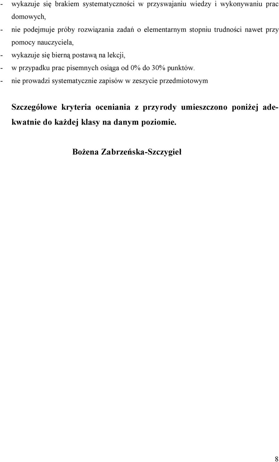 - w przypadku prac pisemnych osiąga od 0% do 30% punktów.