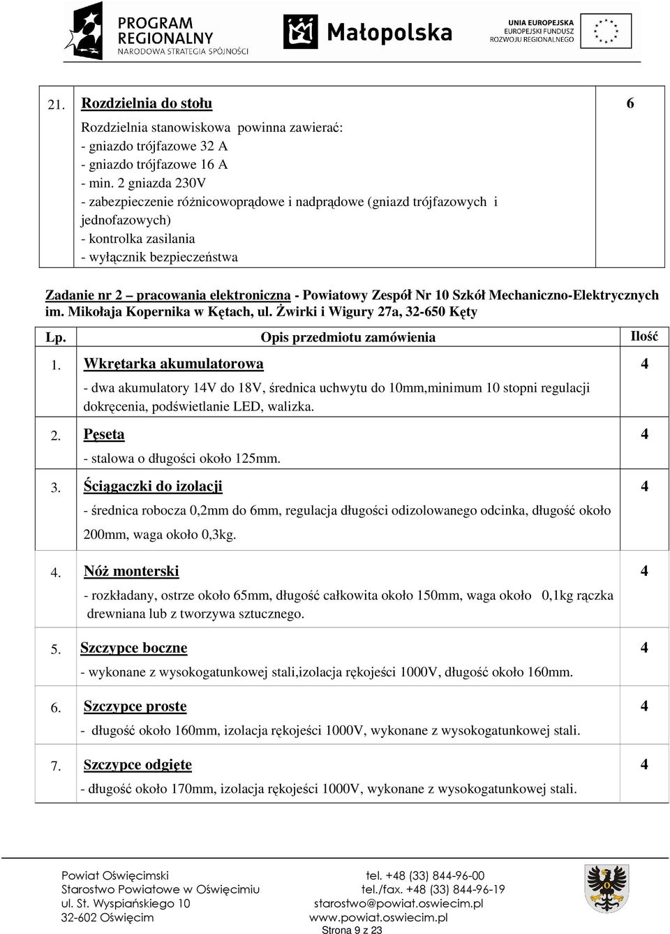 Zespół Nr 0 Szkół Mechaniczno-Elektrycznych im. Mikołaja Kopernika w Kętach, ul. Żwirki i Wigury 27a, 2-650 Kęty Lp. Opis przedmiotu zamówienia Ilość.