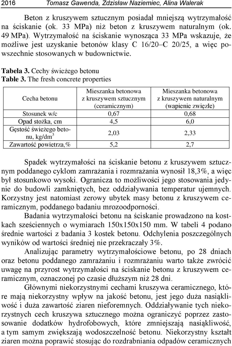 The fresh concrete properties Cecha betonu Mieszanka betonowa z kruszywem sztucznym (ceramicznym) Mieszanka betonowa z kruszywem naturalnym (wapienie zwięzłe) Stosunek w/c 0,67 0,68 Opad stożka, cm