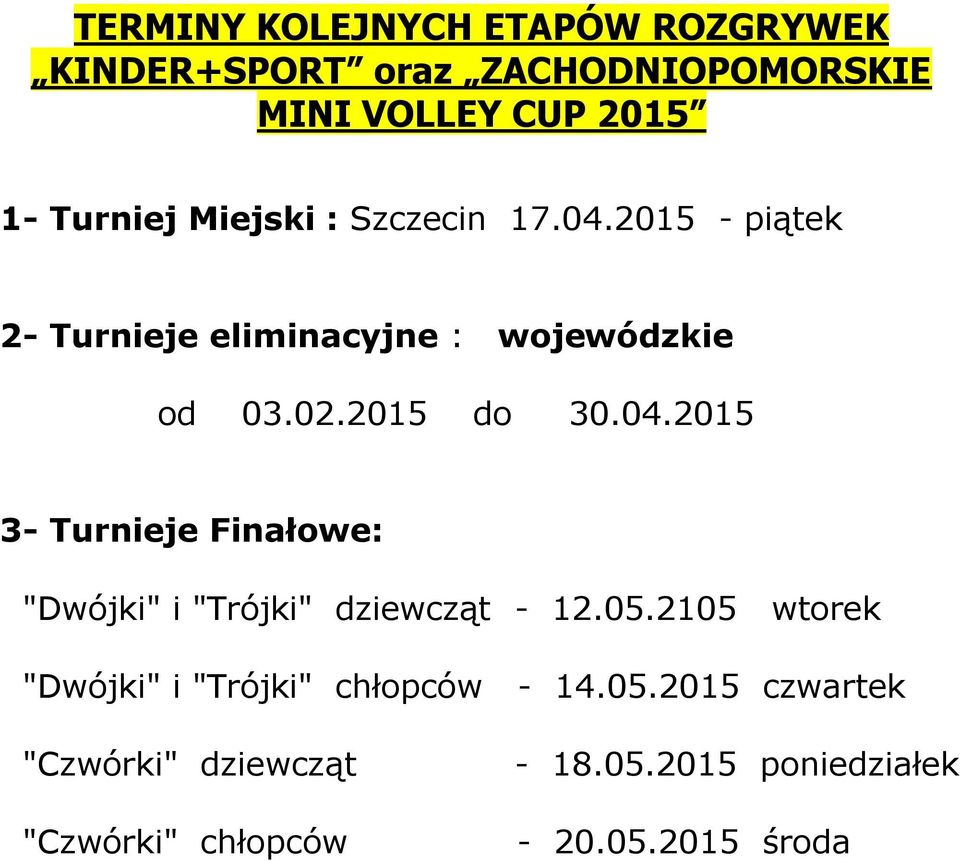 05.2105 wtorek "Dwójki" i "Trójki" chłopców - 14.05.2015 czwartek "Czwórki" dziewcząt "Czwórki" chłopców - 18.