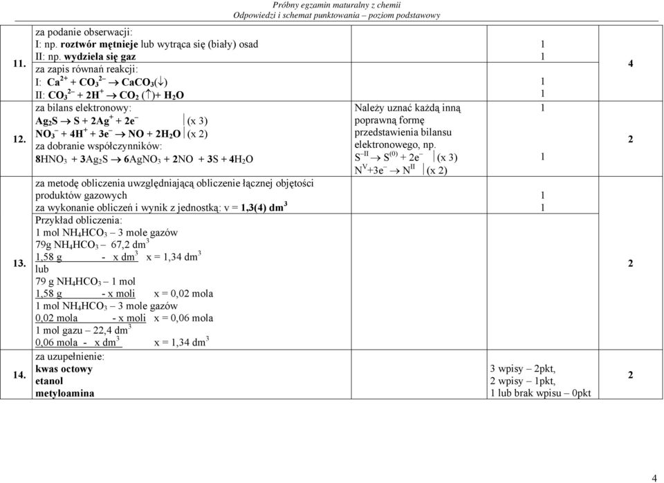 6AgNO + NO + S + 4H O Należy uznać każdą inną poprawną formę przedstawienia bilansu elektronowego, np.