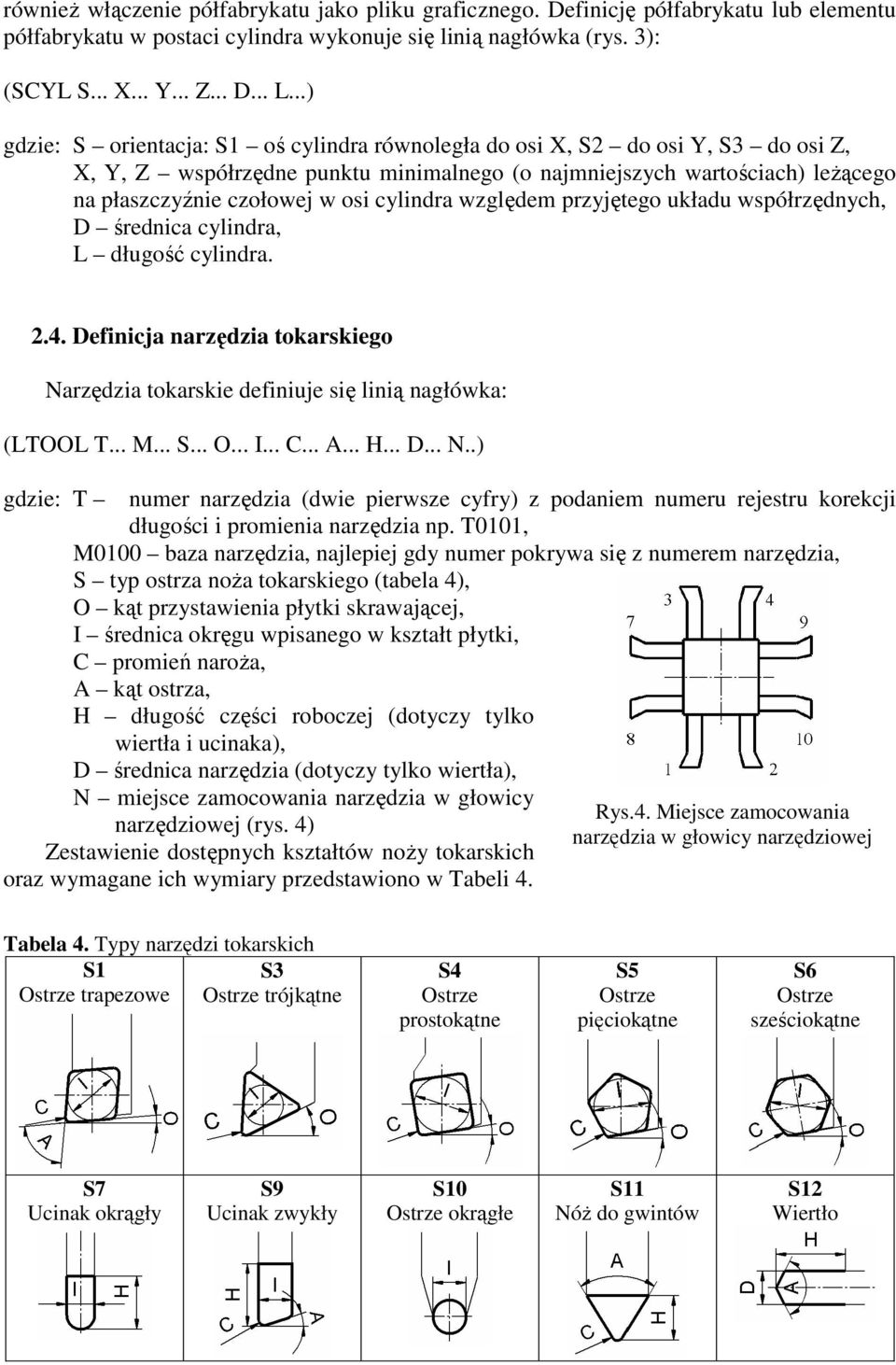 cylindra względem przyjętego układu współrzędnych, D średnica cylindra, L długość cylindra. 2.4. Definicja narzędzia tokarskiego Narzędzia tokarskie definiuje się linią nagłówka: (LTOOL T... M... S.