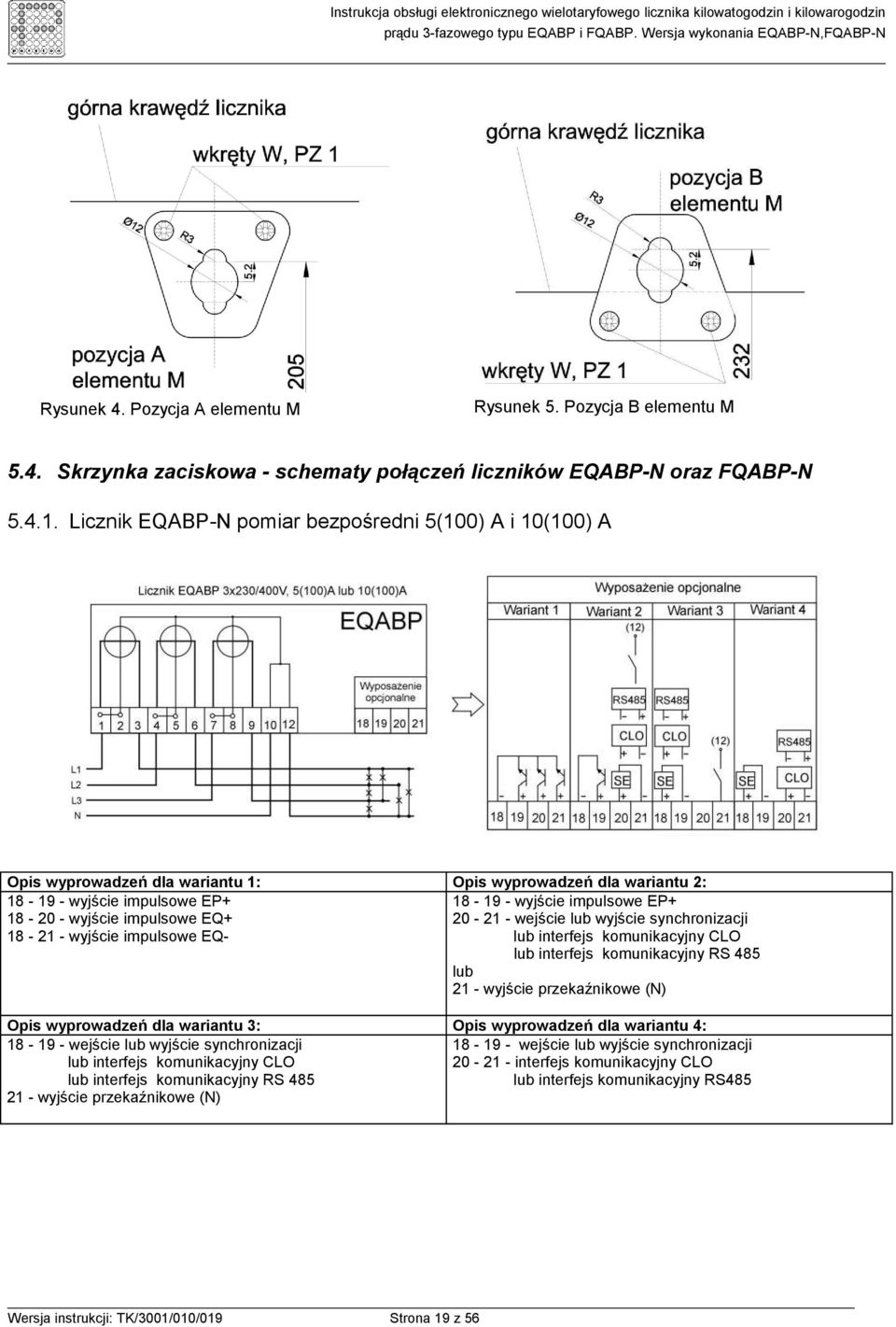 impulsowe EQ+ 20-21 - wejście lub wyjście synchronizacji 18-21 - wyjście impulsowe EQ- lub interfejs komunikacyjny CLO lub interfejs komunikacyjny RS 485 lub 21 - wyjście przekaźnikowe (N) Opis