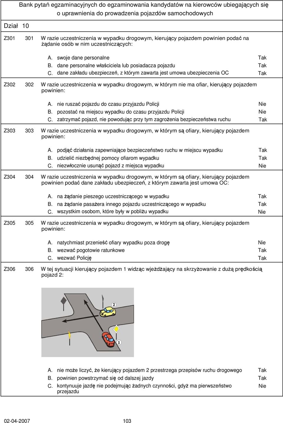 dane zakładu ubezpieczeń, z którym zawarta jest umowa ubezpieczenia OC Tak Z302 302 W razie uczestniczenia w wypadku drogowym, w którym nie ma ofiar, kierujący pojazdem powinien: A.