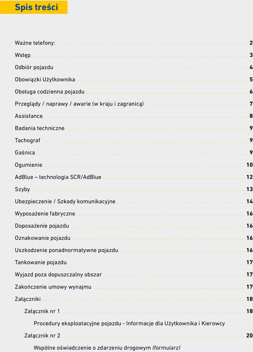 ..14 Wyposażenie fabryczne...16 Doposażenie pojazdu...16 Oznakowanie pojazdu...16 Uszkodzenie ponadnormatywne pojazdu...16 Tankowanie pojazdu...17 Wyjazd poza dopuszczalny obszar.