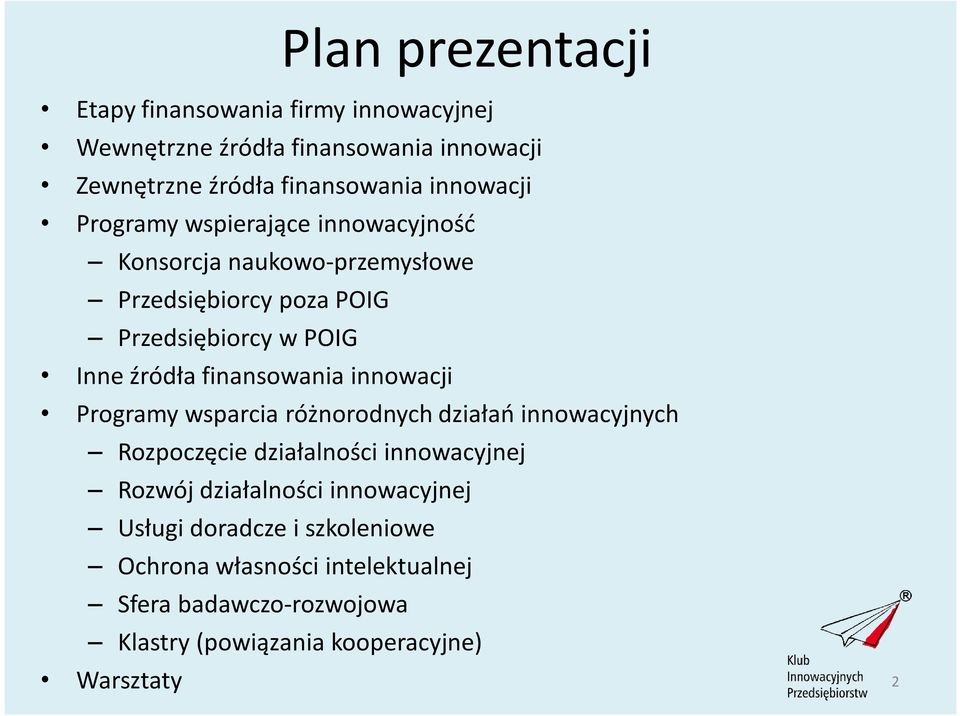 finansowania innowacji Programy wsparcia różnorodnych działań innowacyjnych Rozpoczęcie działalności innowacyjnej Rozwój działalności