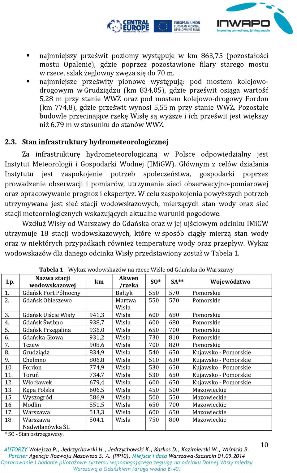 gdzie prześwit wynosi 5,55 m przy stanie WWŻ. Pozostałe budowle przecinające rzekę Wisłę są wyższe i ich prześwit jest większy niż 6,79 m w stosunku do stanów WWŻ. 2.3.