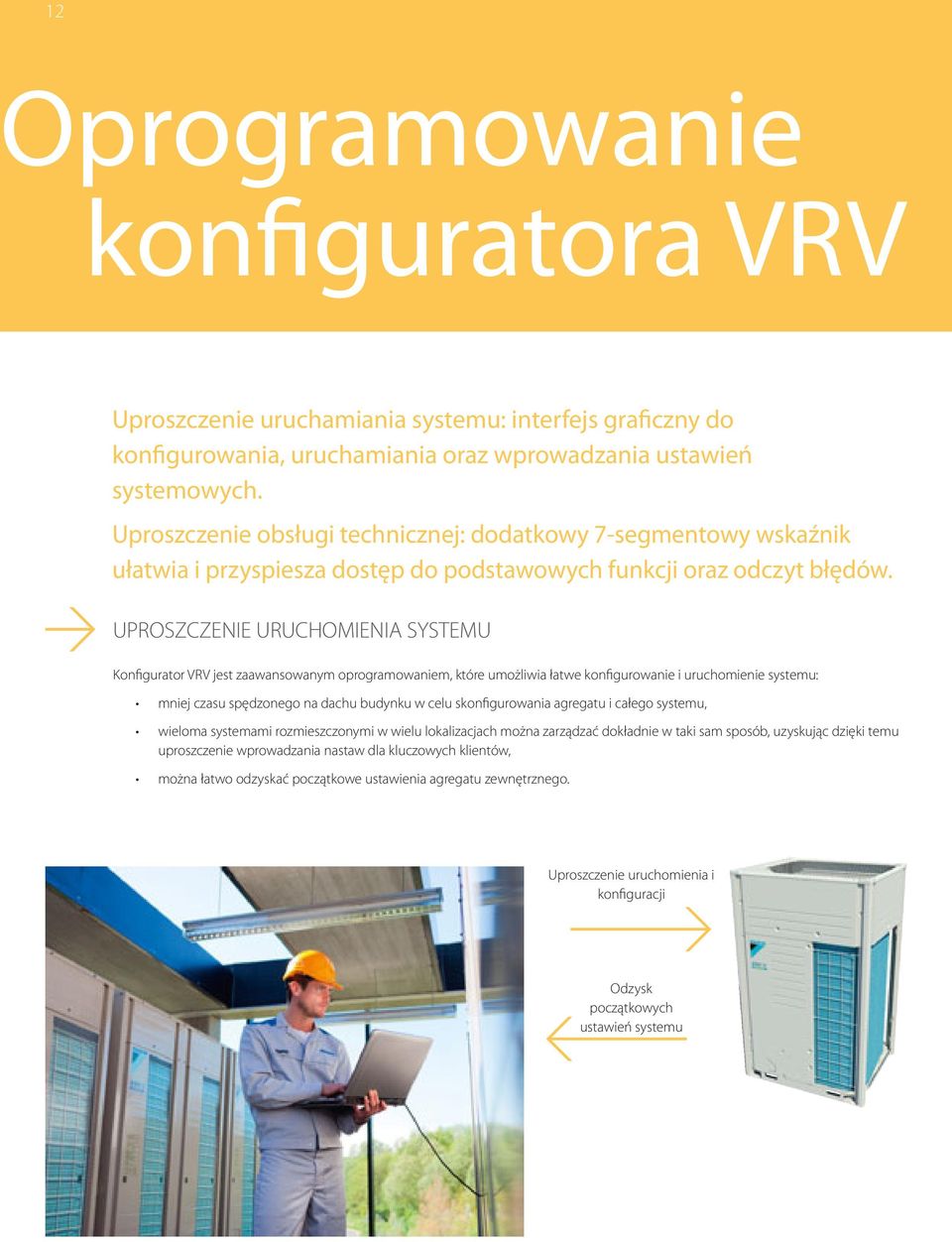 UPROSZCZENIE URUCHOMIENIA SYSTEMU Konfigurator VRV jest zaawansowanym oprogramowaniem, które umożliwia łatwe konfigurowanie i uruchomienie systemu: mniej czasu spędzonego na dachu budynku w celu