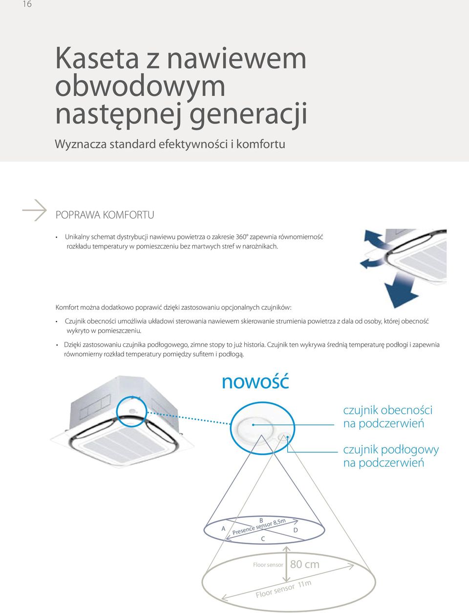 Komfort można dodatkowo poprawić dzięki zastosowaniu opcjonalnych czujników: Czujnik obecności umożliwia układowi sterowania nawiewem skierowanie strumienia powietrza z dala od osoby, której obecność