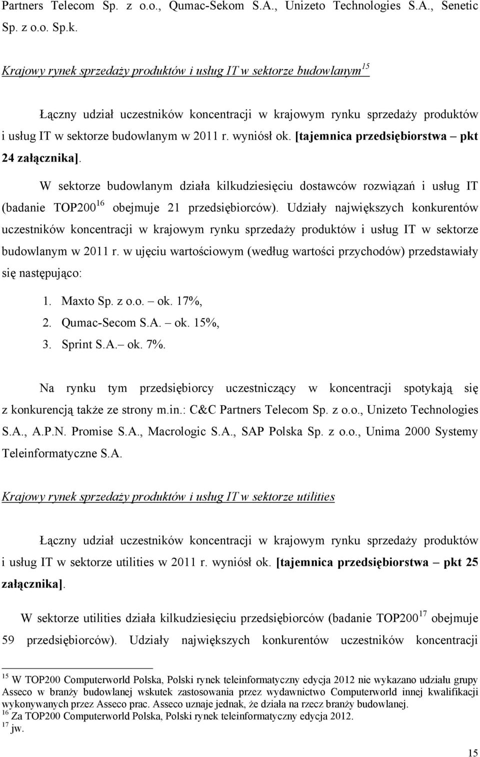 Krajowy rynek sprzedaży produktów i usług IT w sektorze budowlanym 15 Łączny udział uczestników koncentracji w krajowym rynku sprzedaży produktów i usług IT w sektorze budowlanym w 2011 r. wyniósł ok.