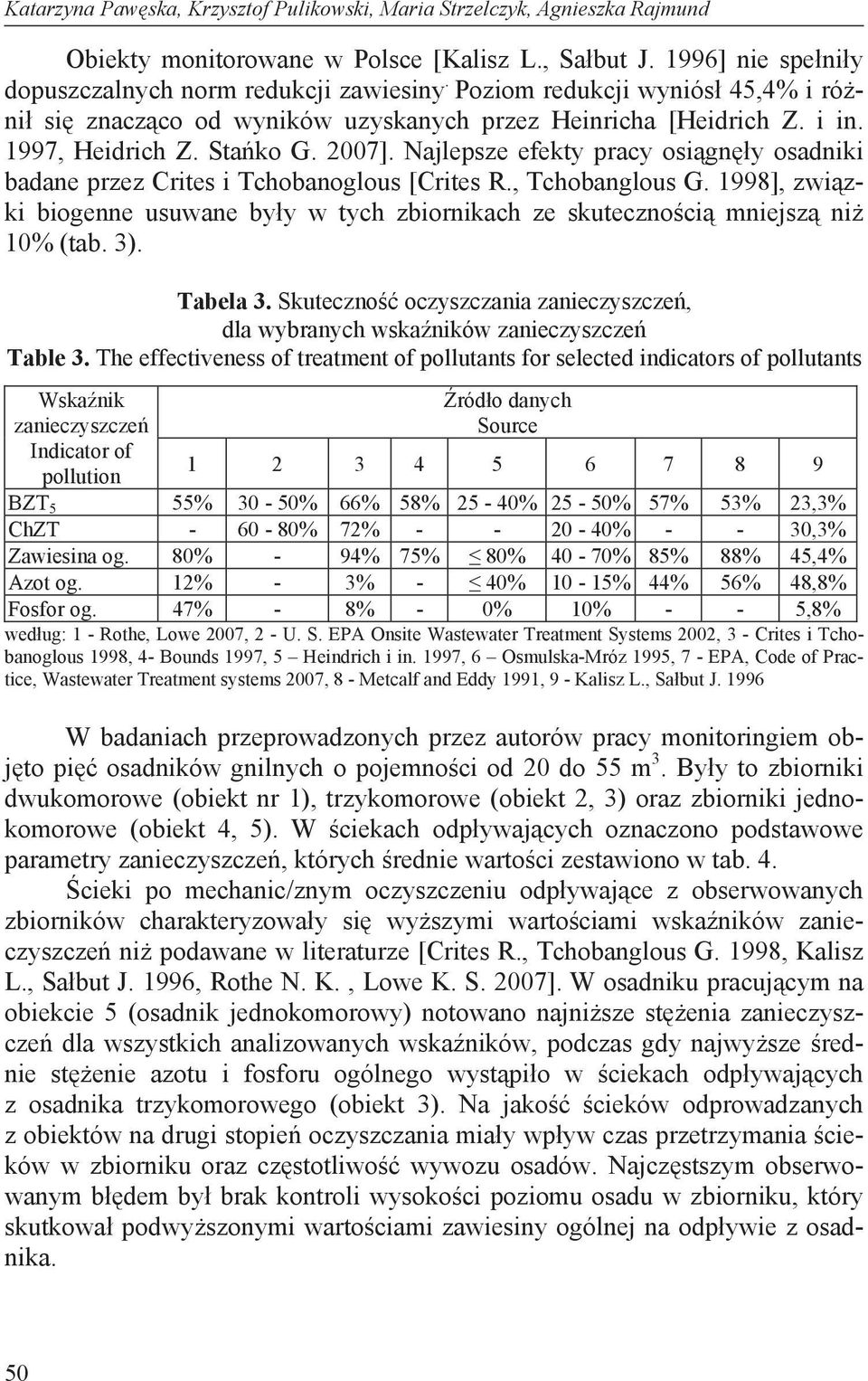 Najlepsze efekty pracy osi gn y osadniki badane przez Crites i Tchobanoglous [Crites R., Tchobanglous G. 1998], zwi zki biogenne usuwane by y w tych zbiornikach ze skuteczno ci mniejsz ni 10% (tab.