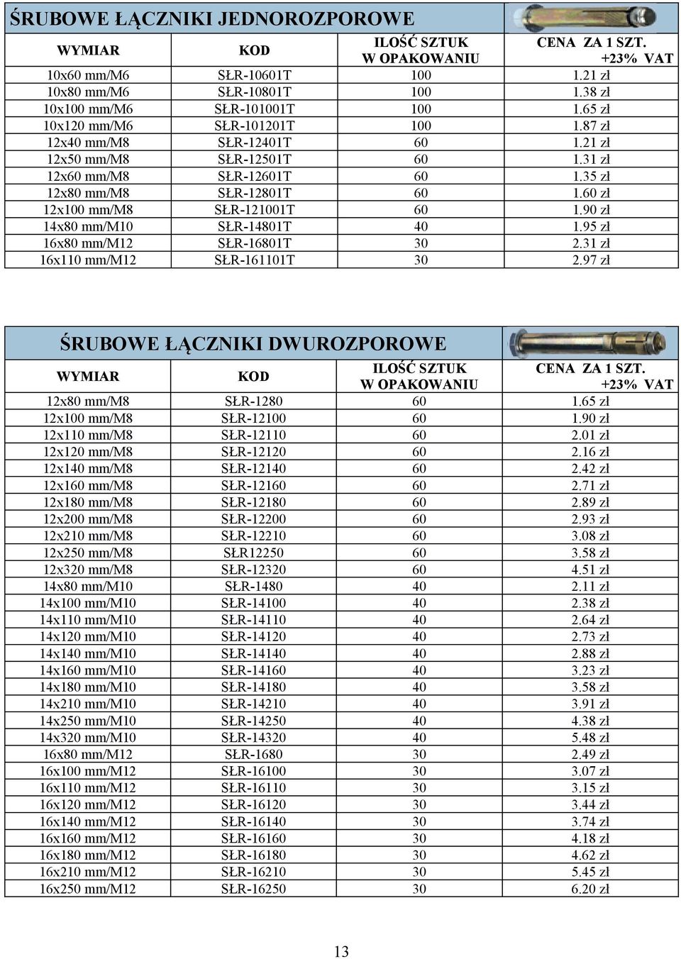 90 zł 14x80 mm/m10 SŁR-14801T 40 1.95 zł 16x80 mm/m12 SŁR-16801T 30 2.31 zł 16x110 mm/m12 SŁR-161101T 30 2.97 zł ŚRUBOWE ŁĄCZNIKI DWUROZPOROWE CENA ZA 1 SZT. 12x80 mm/m8 SŁR-1280 60 1.