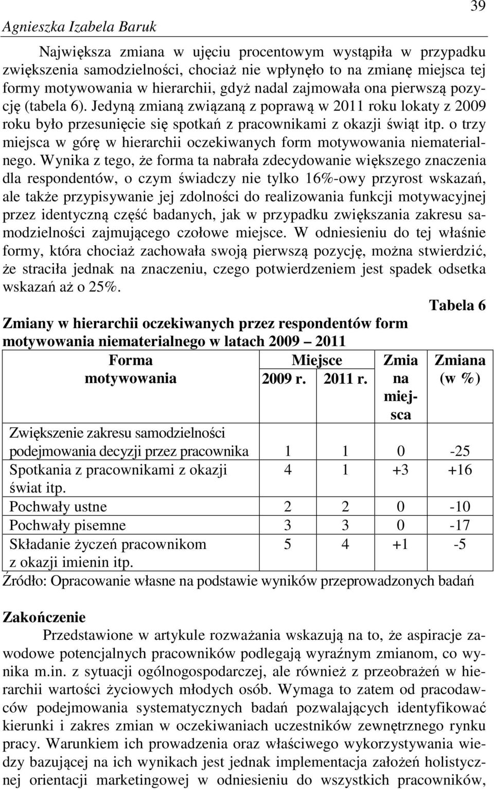 o trzy miejsca w górę w hierarchii oczekiwanych form motywowania niematerialnego.