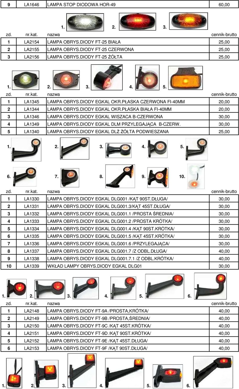 DIODY EGKAL WISZACA B-CZERWONA 30,00 4 LA1349 LAMPA OBRYS.DIODY EGKAL DLM PRZYLEGAJĄCA B-CZERW. 30,00 5 LA1340 LAMPA OBRYS.DIODY EGKAL DLś śółta PODWIESZANA 25,00 4. 5. 6. 7. 8. 9. 10.