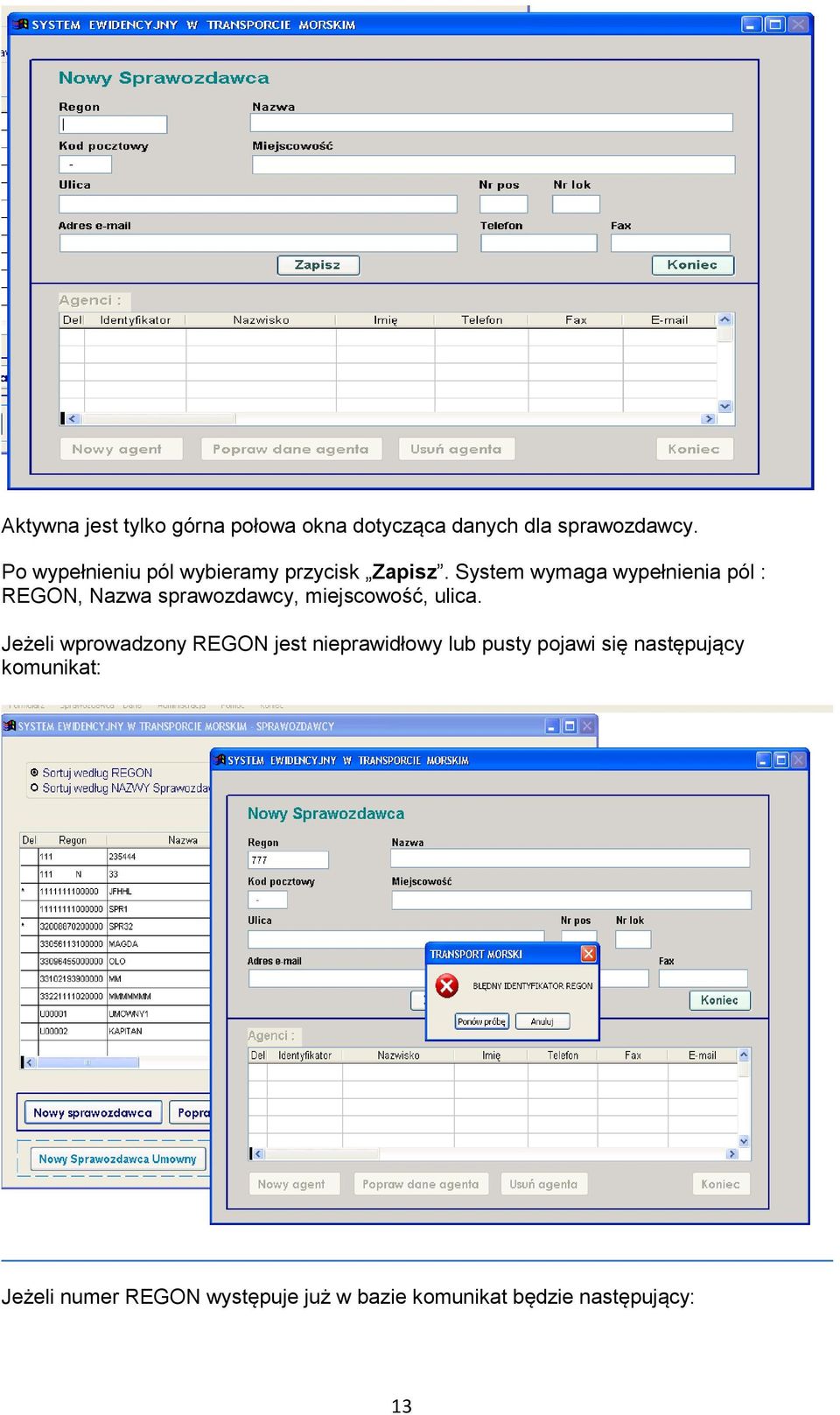 System wymaga wypełnienia pól : REGON, Nazwa sprawozdawcy, miejscowość, ulica.