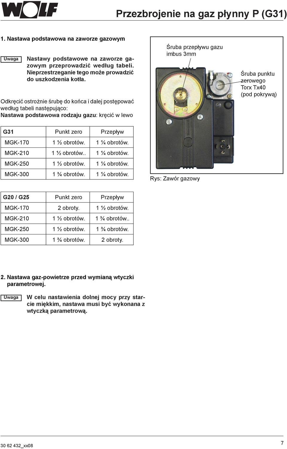 pokrywą) G31 Punkt zero Przepływ MGK-170 1 ½ obrotów. 1 ¼ obrotów. MGK-210 1 ½ obrotów.. 1 ¼ obrotów. MGK-250 1 ½ obrotów. 1 ¼ obrotów. MGK-300 1 ¾ obrotów. 1 ¼ obrotów. Rys: Zawór gazowy G20 / G25 Punkt zero Przepływ MGK-170 2 obroty.