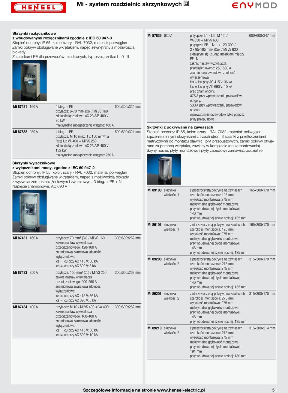 1 x 150 mm² na fazę) lub VA 400 + Mi VS 250 132 kw maksymalne zabezpieczenie wstępne: 250 A Mi 87836 630 A przyłącze L1 - L3: M 12 / VA 630 + Mi VS 630 przyłącze PE + N: 1 x 120-300 / 2 x 95-185 mm²