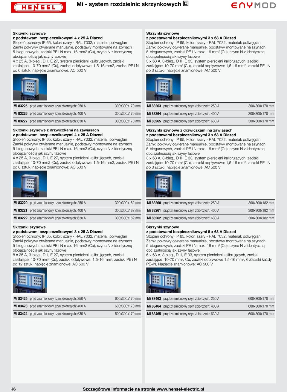 , D II, E 27, system pierścieni kalibrujących, zaciski zasilające: 10-70 mm2 (Cu), zaciski odpływowe: 1,5-16 mm2, zaciski PE i N po 6 sztuk, Skrzynki szynowe z podstawami bezpiecznikowymi 3 x 63 A