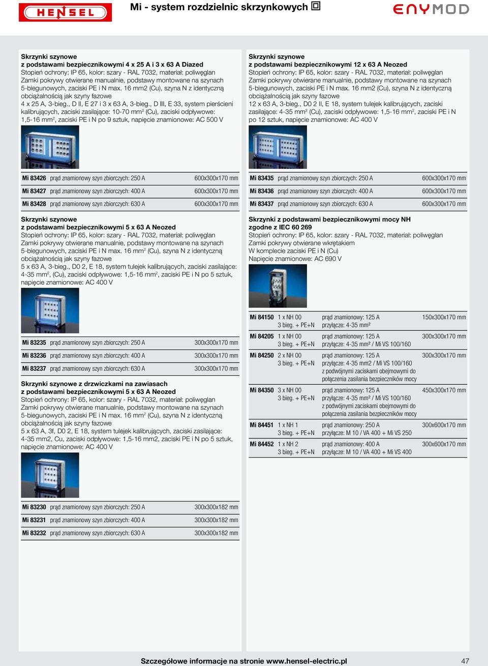 , D III, E 33, system pierścieni kalibrujących, zaciski zasilające: 10-70 mm 2 (Cu), zaciski odpływowe: 1,5-16 mm 2, zaciski PE i N po 9 sztuk, Skrzynki szynowe z podstawami bezpiecznikowymi 12 x 63