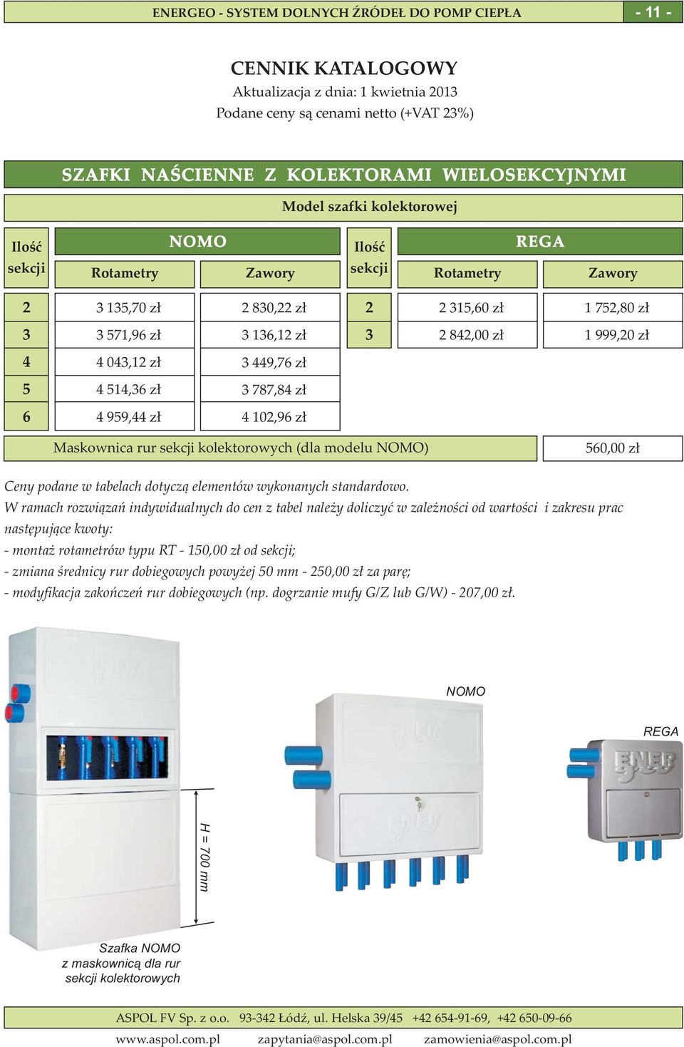 sekcji kolektorowych (dla modelu NOMO) 560,00 zł Ceny podane w tabelach dotyczą elementów wykonanych standardowo.