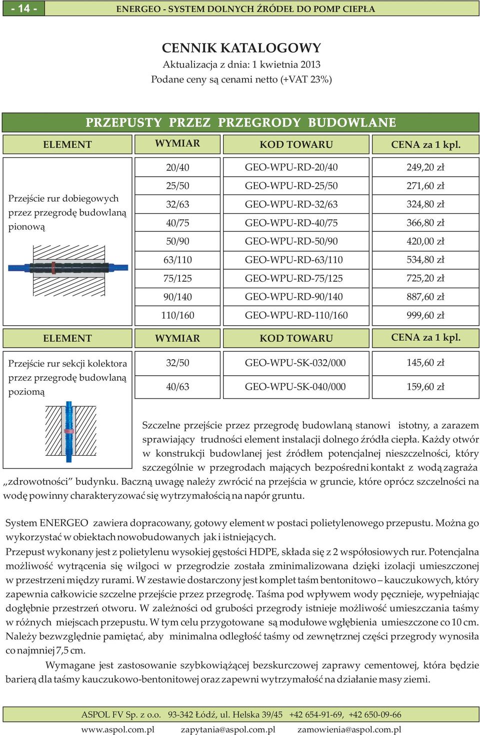 420,00 zł 63/110 GEOWPURD63/110 534,80 zł 75/125 GEOWPURD75/125 725,20 zł 90/140 GEOWPURD90/140 887,60 zł 110/160 GEOWPURD110/160 999,60 zł ELEMENT WYMIAR KOD TOWARU CENA za 1 kpl.