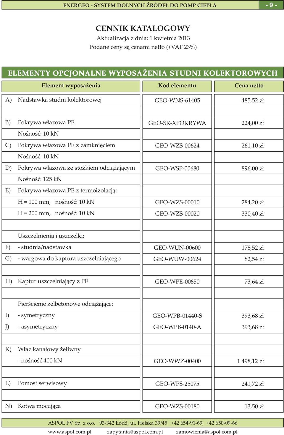 Nośność: 125 kn E) Pokrywa włazowa PE z termoizolacją: H = 100 mm, nośność: 10 kn GEOWZS00010 284,20 zł H = 200 mm, nośność: 10 kn GEOWZS00020 330,40 zł Uszczelnienia i uszczelki: F)