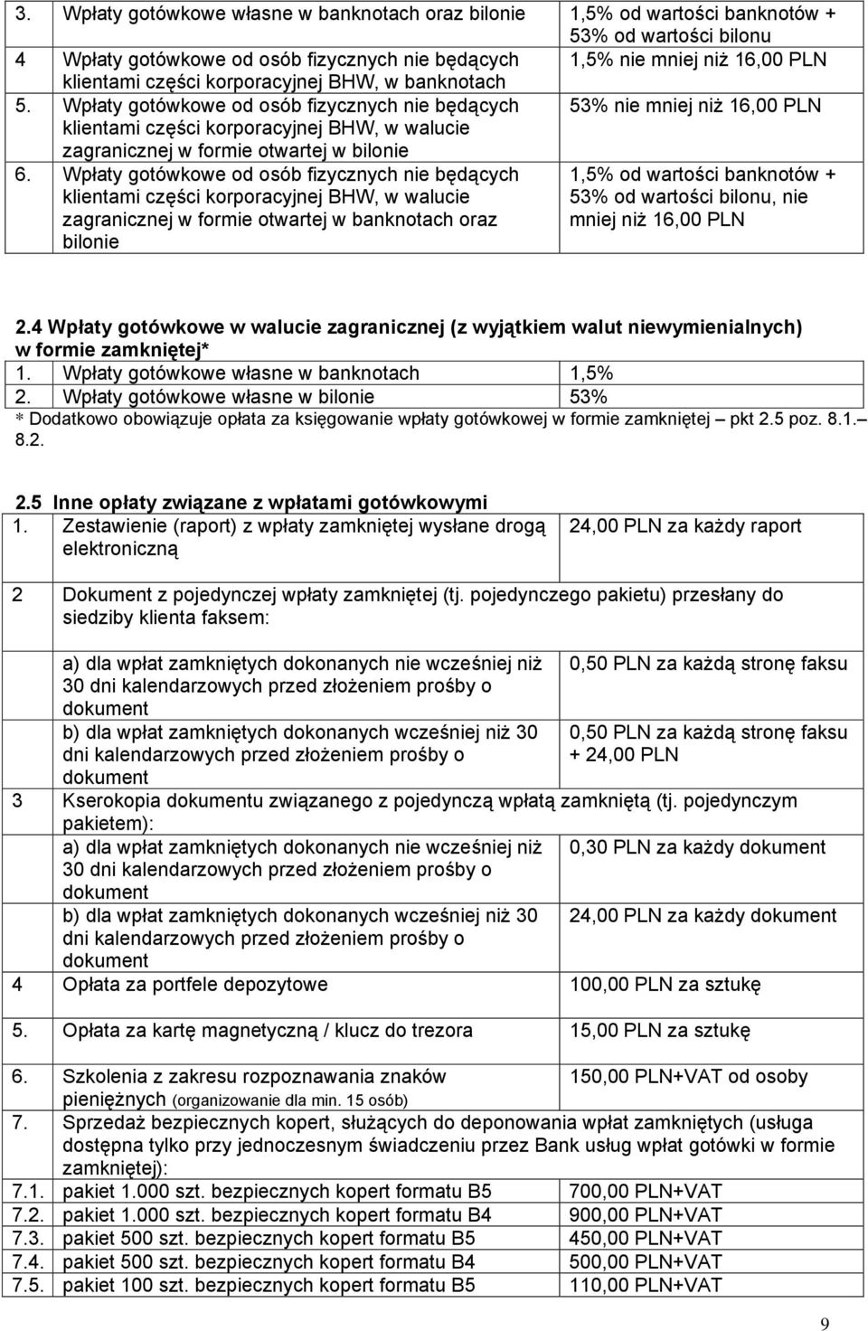 Wpłaty gotówkowe od osób fizycznych nie będących 53% nie mniej niż 16,00 PLN klientami części korporacyjnej BHW, w walucie zagranicznej w formie otwartej w bilonie 6.