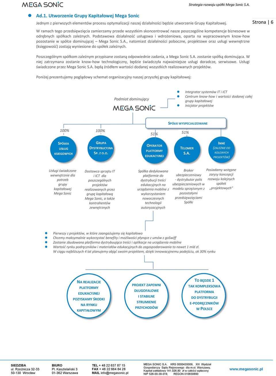 Podstawowa działalność usługowa i wdrożeniowa, oparta na wypracowanym know-how pozostanie w spółce dominującej Mega Sonic S.A.