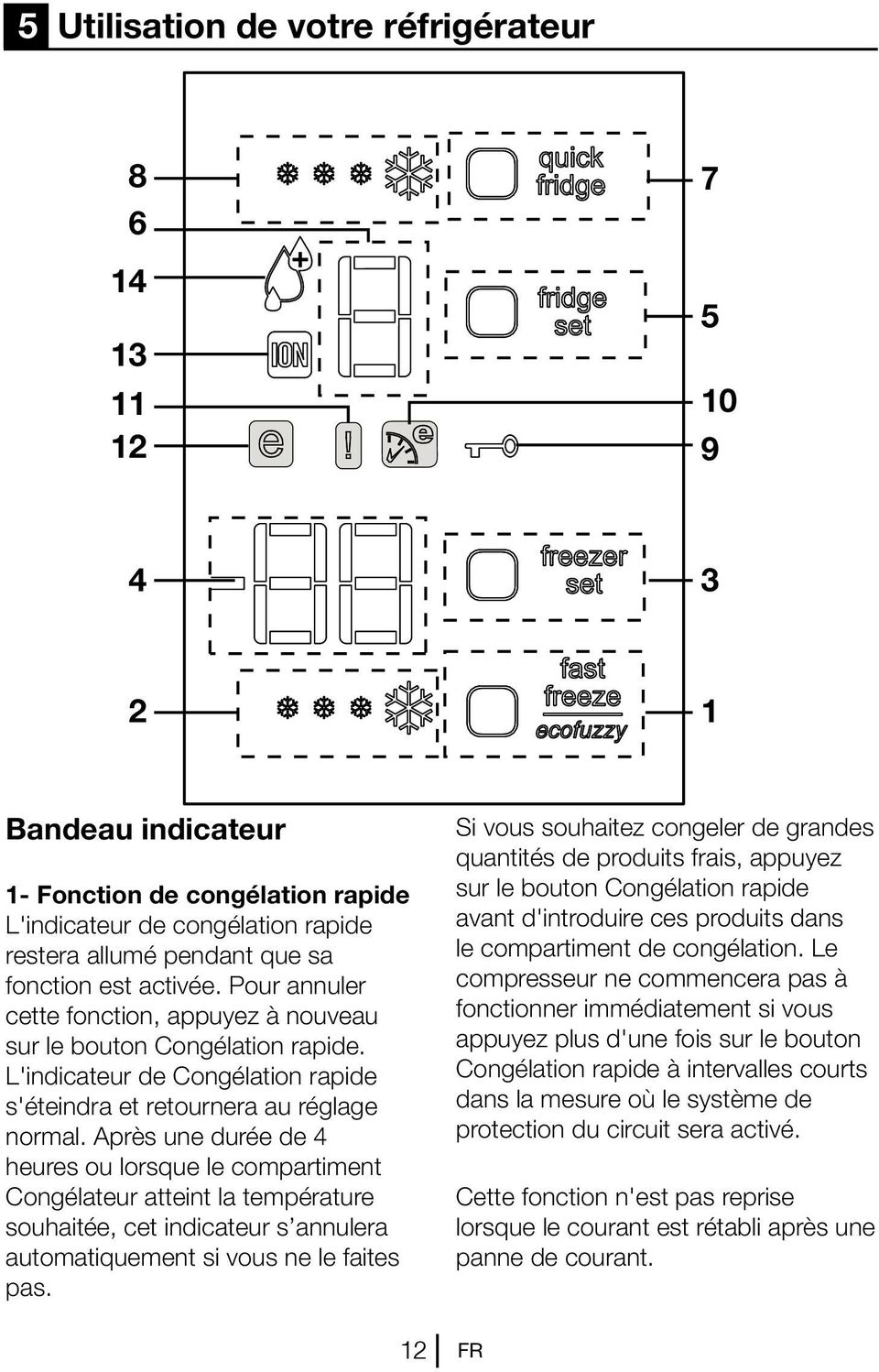 Après une durée de 4 heures ou lorsque le compartiment Congélateur atteint la température souhaitée, cet indicateur s annulera automatiquement si vous ne le faites pas.