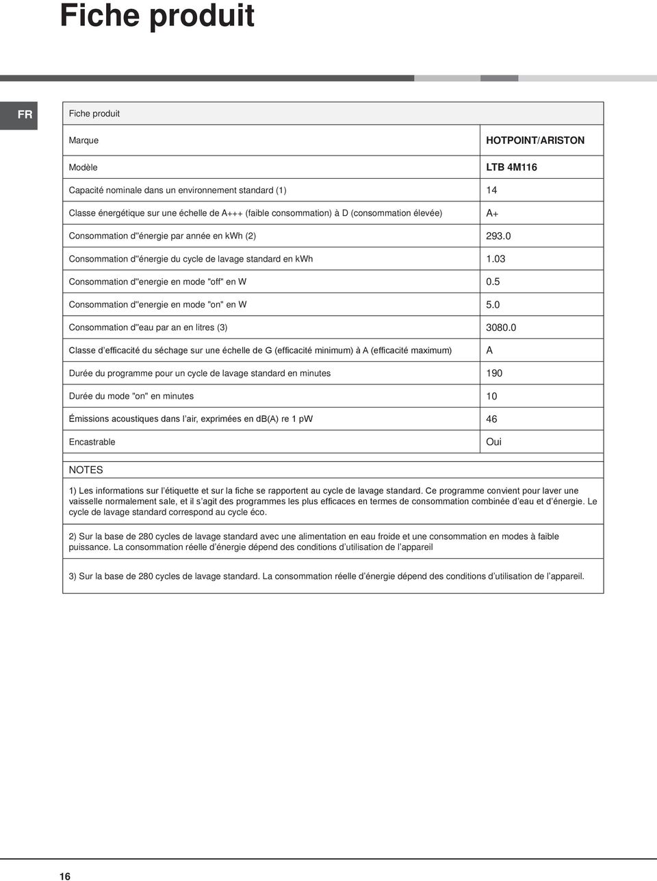 5 Consommation d''energie en mode "on" en W 5.0 Consommation d''eau par an en litres (3) 3080.