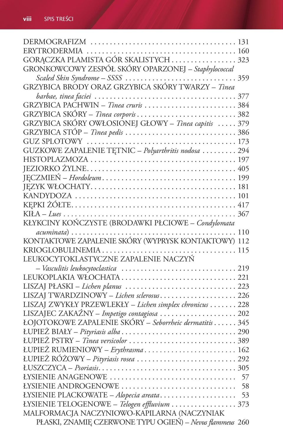 .. 379 GRZYBICA STÓP Tinea pedis... 386 GUZ SPLOTOWY...173 GUZKOWE ZAPALENIE TĘTNIC Polyarthritis nodosa... 294 HISTOPLAZMOZA...197 JEZIORKO ŻYLNE....405 JĘCZMIEŃ Hordoleum... 199 JĘZYK WŁOCHATY.