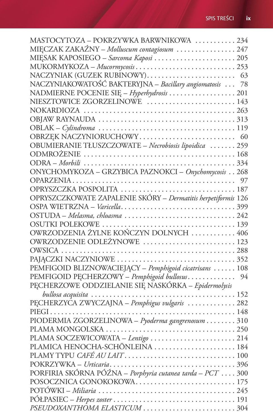 .. 119 OBRZĘK NACZYNIORUCHOWY... 60 OBUMIERANIE TŁUSZCZOWATE Necrobiosis lipoidica... 259 ODMROŻENIE...168 ODRA Morbili...334 ONYCHOMYKOZA GRZYBICA PAZNOKCI Onychomycosis.. 268 OPARZENIA.