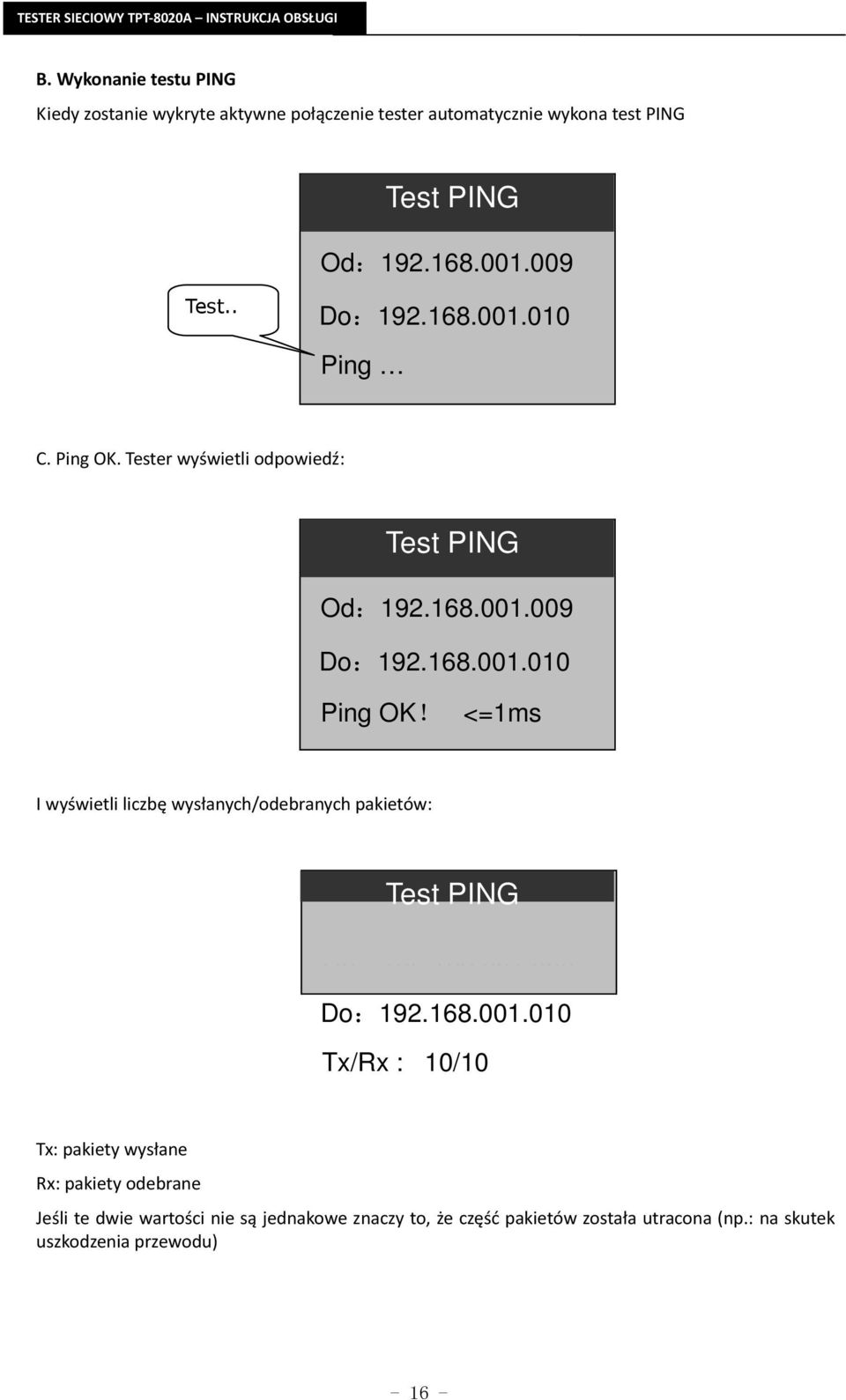 <=1ms I wyświetli liczbę wysłanych/odebranych pakietów: Test PING Od:192.168.001.