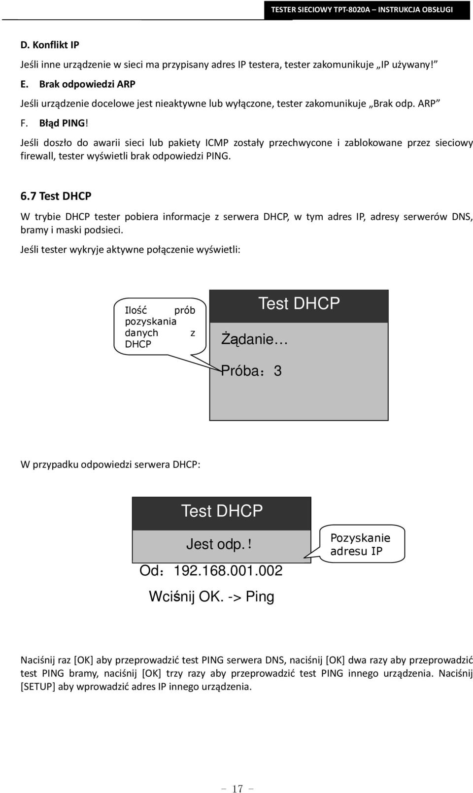 Jeśli doszło do awarii sieci lub pakiety ICMP zostały przechwycone i zablokowane przez sieciowy firewall, tester wyświetli brak odpowiedzi PING. 6.
