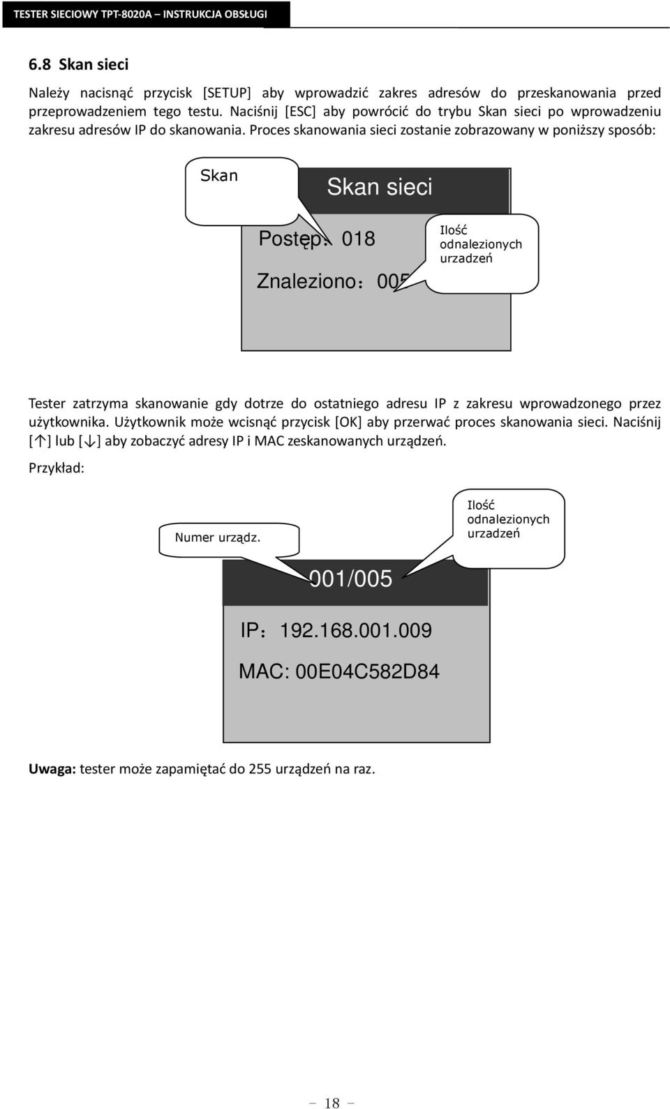 Proces skanowania sieci zostanie zobrazowany w poniższy sposób: Skan Skan sieci Postęp:018 Znaleziono:005 Ilość odnalezionych urzadzeń Tester zatrzyma skanowanie gdy dotrze do ostatniego adresu