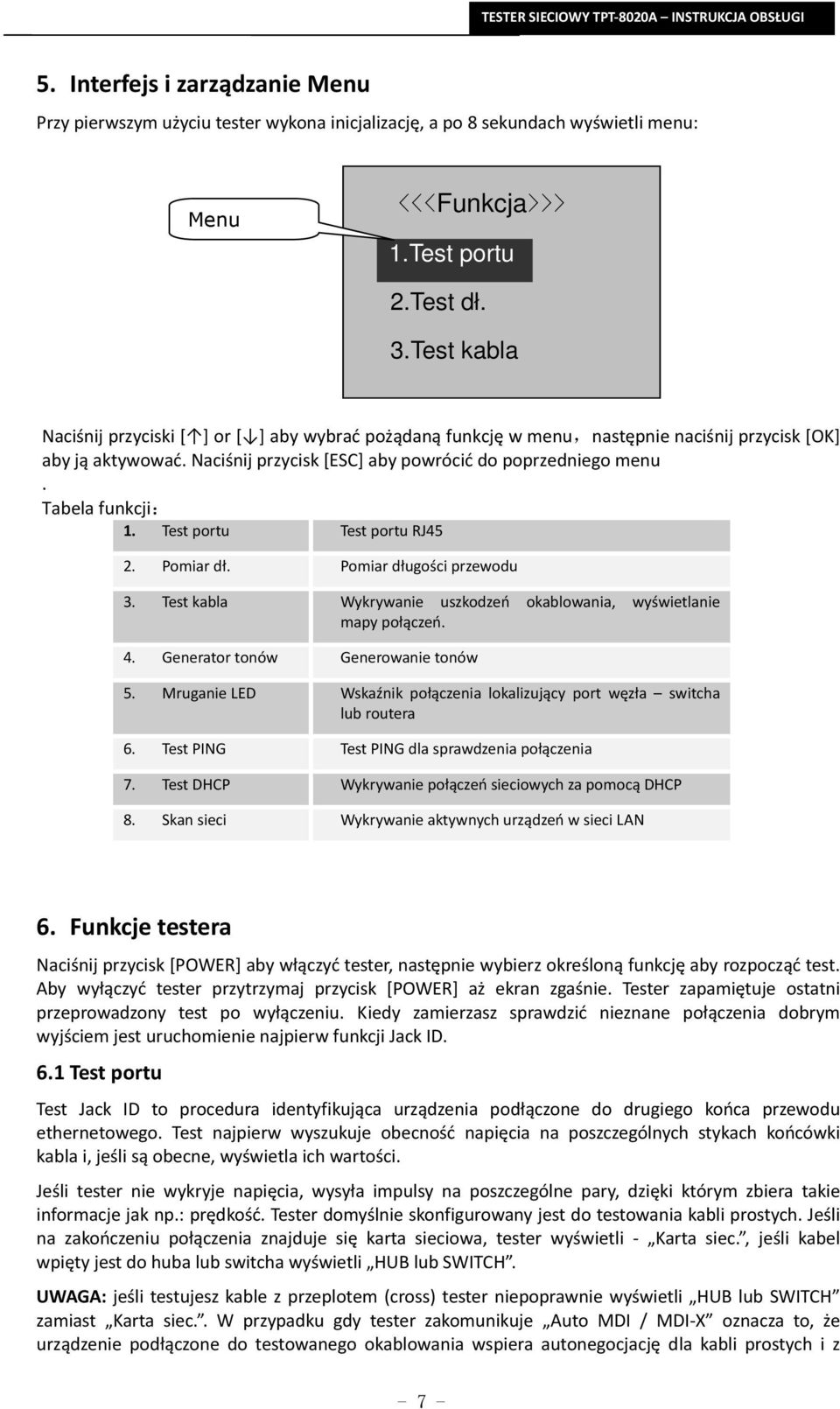 Tabela funkcji: 1. Test portu Test portu RJ45 2. Pomiar dł. Pomiar długości przewodu 3. Test kabla Wykrywanie uszkodzeń okablowania, wyświetlanie mapy połączeń. 4. Generator tonów Generowanie tonów 5.