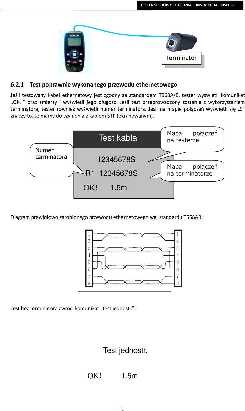 Jeśli na mapie połączeń wyświetli się S znaczy to, że mamy do czynienia z kablem STP (ekranowanym). Numer terminatora Test kabla 12