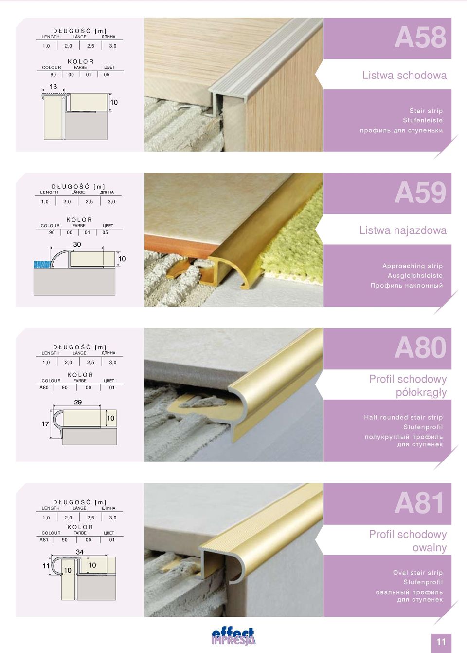 Farbe цвeт A80 90 00 01 A80 Profil schodowy półokrągły Half-rounded stair strip Stufenprofil полукруглый профиль для ступенек 2,5