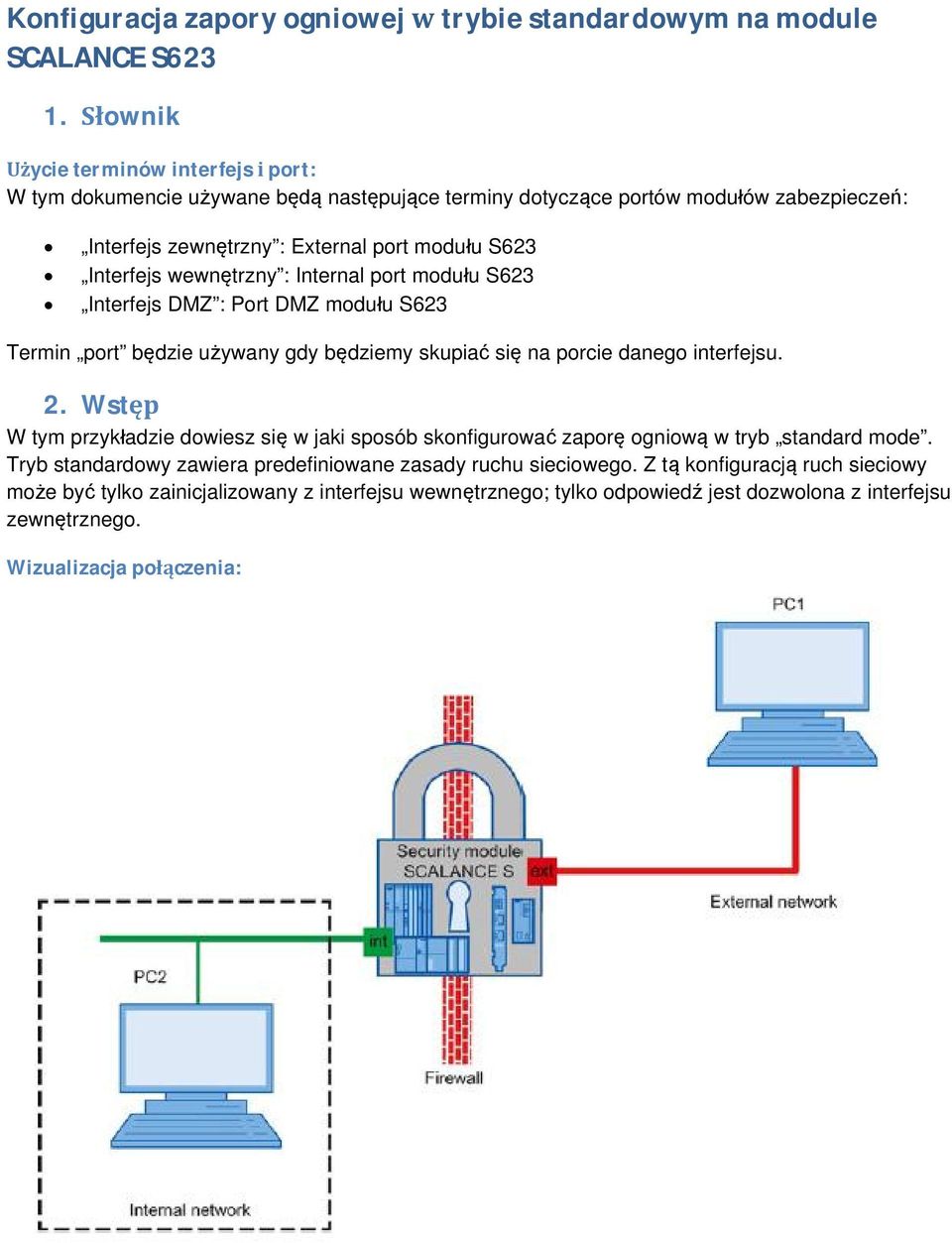 wewnętrzny : Internal port modułu S623 Interfejs DMZ : Port DMZ modułu S623 Termin port będzie używany gdy będziemy skupiać się na porcie danego interfejsu. 2.