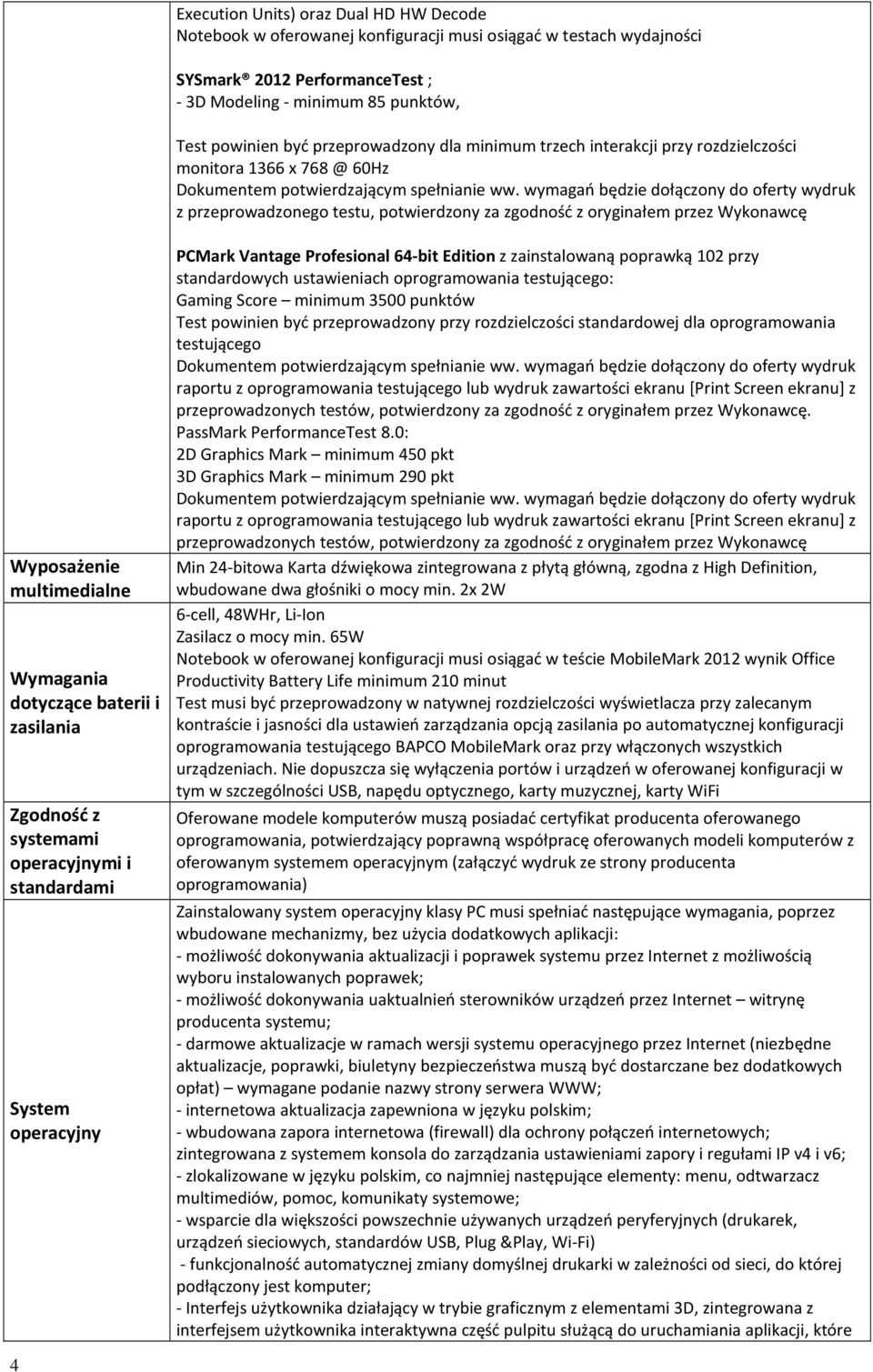 Wymagania dotyczące baterii i zasilania Zgodność z systemami operacyjnymi i standardami System operacyjny PCMark Vantage Profesional 64-bit Edition z zainstalowaną poprawką 102 przy standardowych